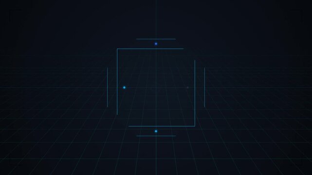 Digital interface HUD targeting system with glowing blue lines and rotating geometric frame elements in a high-tech video animation