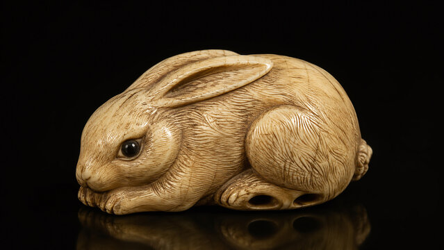 Antique Japanese ivory netsuke rabbit sculpture macro showing intricate carved fur texture horn inlaid eyes himotoshi holes warm amber ivory patina Schreger lines dark background