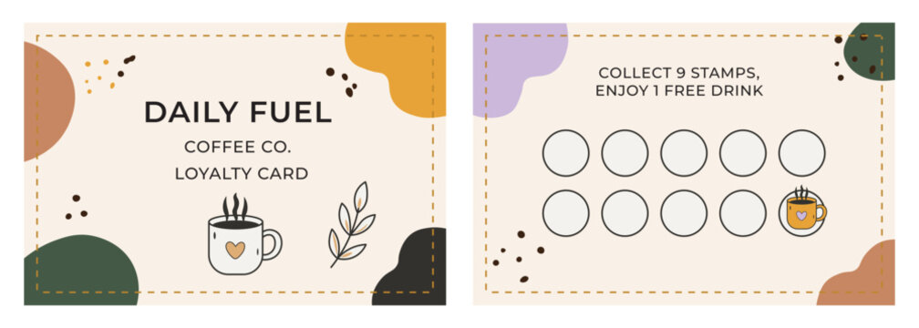 Coffee shop loyalty card template vector, cafe reward punch card editable layout with abstract organic shapes