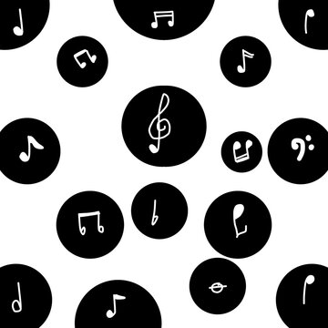 Black and white hand drawn music notes seamless pattern background