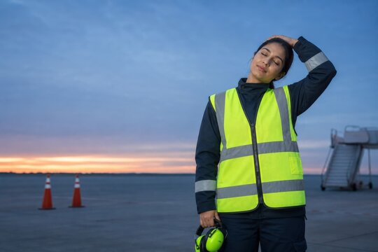 Airport Ground Crew Fatigue Marshaller Stretching Safely Before