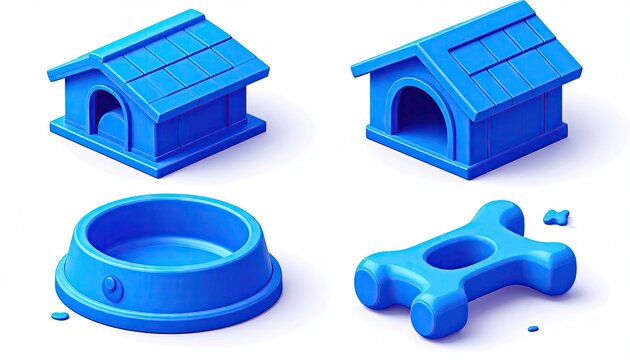 Isometric blue 3D pet house and food bowl set