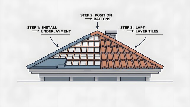 Detailed roof construction infographic displaying essential building layers like underlayment battens and clay tiles for professional architectural renovation project planning guides