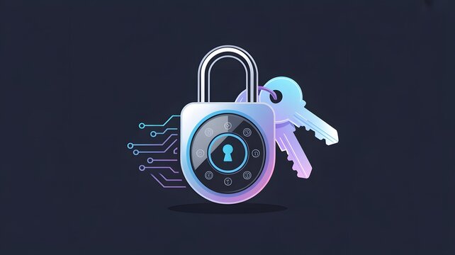 Digital padlock featuring a modern circuit board design and metallic keys isolated against a dark professional smooth gradient background surface