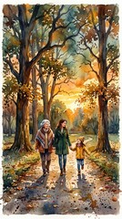 Fototapeta premium Three generations of women walk hand-in-hand through an autumn forest at sunset.