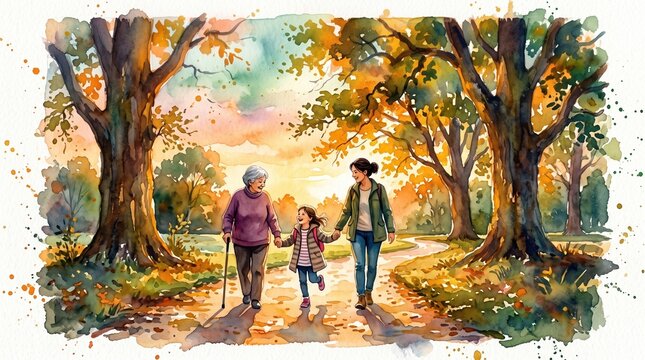 Watercolor illustration of a multi-generational family walking along a path in a vibrant autumn park.