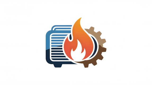 Radiator heating repair logo design featuring a blue radiator silhouette combined with a burning orange fire flame and metal gear