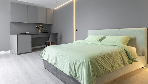 Side profile of modern bed with green fabric headboard