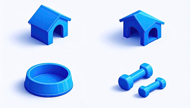 Blue 3D icons for pet kennel and feeding bowl