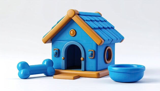 Blue and tan doghouse with toy food bowl.