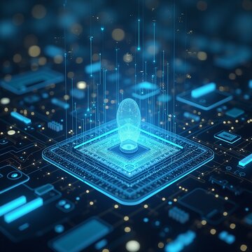 Futuristic AI Processor Chip with Glowing Blue Digital Network and Data Technology