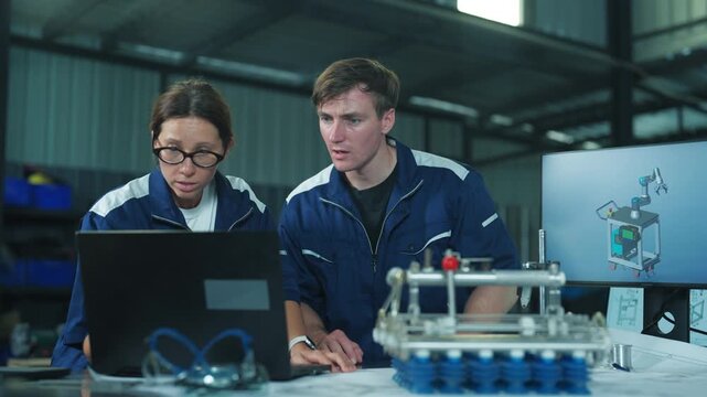 Engineers discussing production strategy with a laptop and tablet indoors. Driving innovation and business growth in heavy industry.