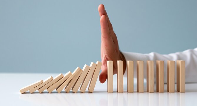 Domino effect stopped by a hand for business risk management and stability strategy