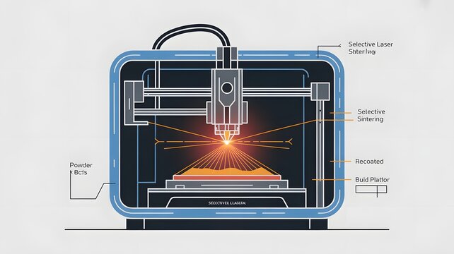 Industrial selective laser sintering machine diagram showcasing intricate printing processes with orange light beams inside a modern geometric technical style illustration