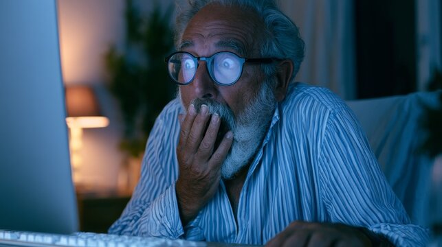 Frightened man sitting at a computer covering his mouth in shock and fear while using a keyboard, expressing panic, anxiety, stress, surprise, and alarm after reading disturbing online news