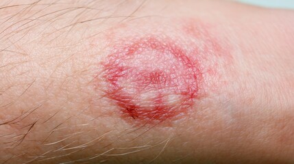 Fototapeta premium Close-up of circular red skin lesion caused by a tick bite, showing characteristic Lyme borreliosis infection rash, expanding redness, skin inflammation, and medical health concern