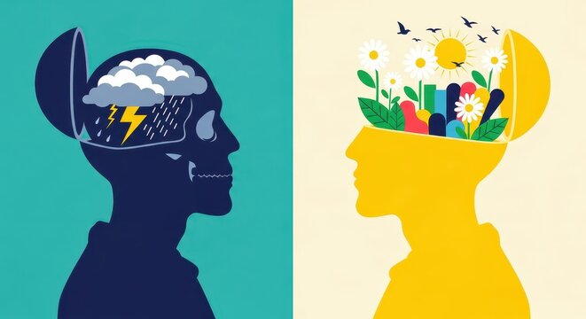 Mental Health Concept Illustration Showing Contrast Between Depression and Happiness with Stormy and Sunny Minds