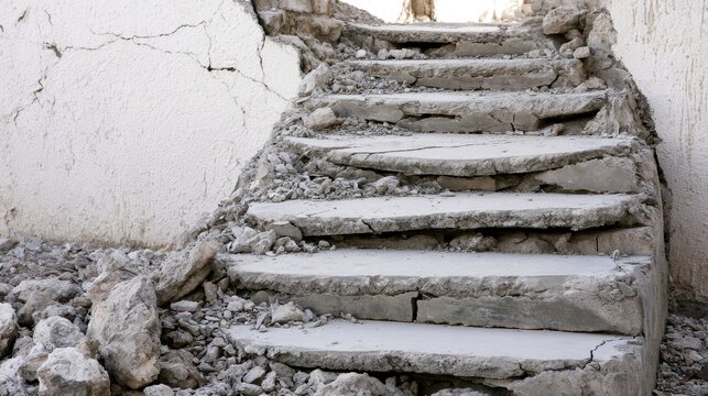 Broken concrete steps rubble beside a weathered building wall, showing demolition, decay, damaged infrastructure, structural deterioration, unsafe conditions, renovation, repair, construction needs