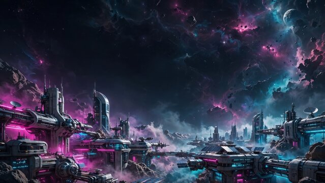 Futuristic Alien Cityscape with Neon Lights and Nebula Sky.