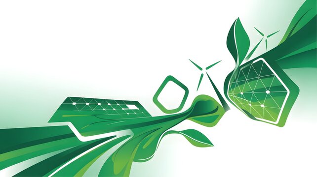 Sustainable green energy concept featuring sleek wind turbines and solar panels integrated into flowing organic leaves on white clean background