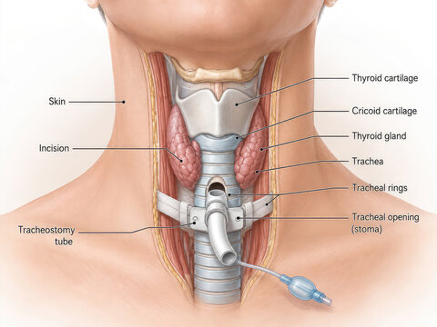 Tracheostomy Tube Placement and Neck Anatomy Medical Illustration