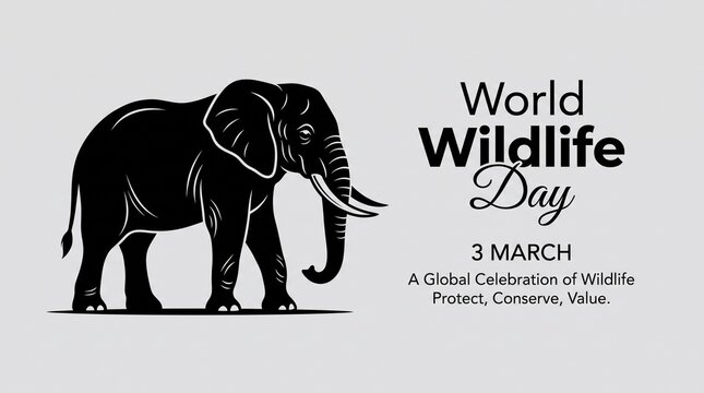 World Wildlife Day banner with black elephant silhouette. Global celebration of wildlife poster. Protect and conserve nature graphic.