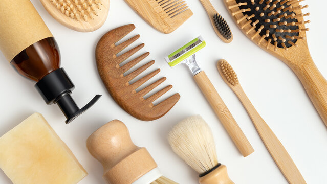 Eco friendly wooden personal care and grooming accessories flat lay