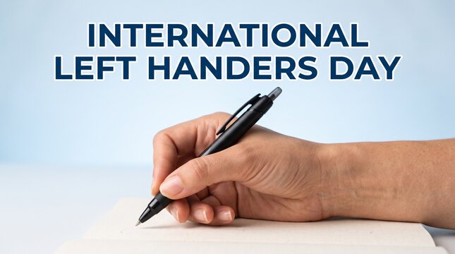 International Left Handers Day banner, left-handed person writing with black pen on paper, awareness concept for southpaws