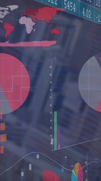 Animation of diagrams and data processing over world map and cityscape