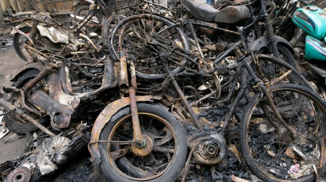 Heavily charred and rusted bicycles and mopeds piled together after a major fire, showing burned vehicles, fire damage, destruction, abandoned transport, disaster aftermath, and severe property loss