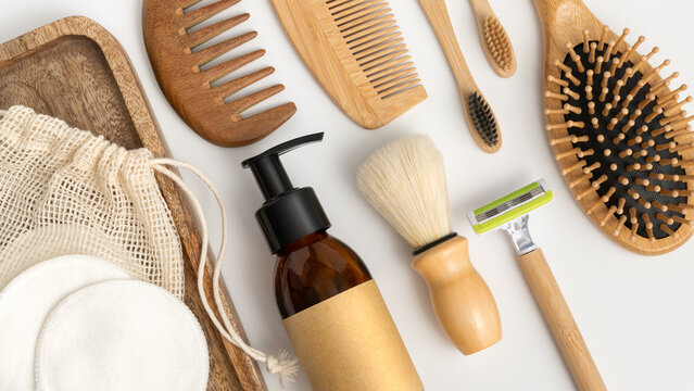 Eco friendly wooden personal care and grooming accessories flat lay