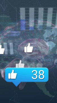 Animation of thumbs up icon with 0 to 81 countdown, digital brains and infographic interface