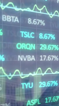 Animation of financial data processing over cityscape