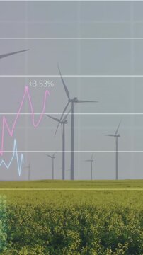 Animation of financial data processing over wind turbines