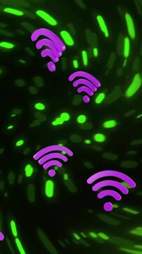 Animation of wifi icons and neon light trails on black background