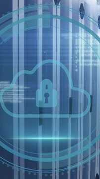 Animation of padlock and cloud icon and digital data processing over computer servers