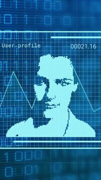 Binary code and facial recognition animation over digital profile with data points