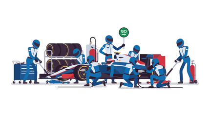 Fototapeta premium Formula 1 Pit Stop Crew Changing Tires on Race Car