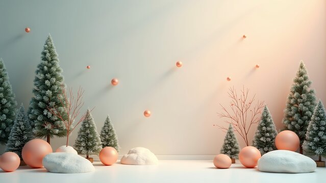 Minimal Winter Background with Snowy Pine Trees and Floating Pastel Ornaments