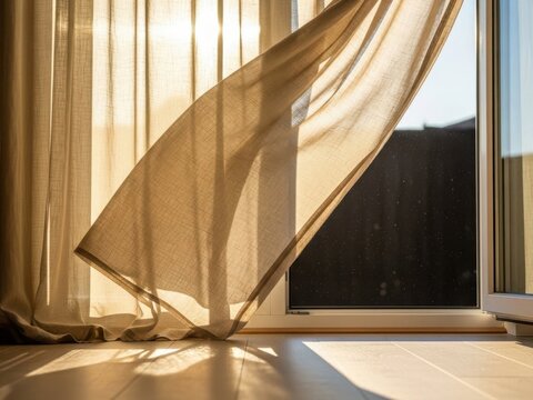 Sunlight streaming through sheer curtain and open window creating light patterns on floor