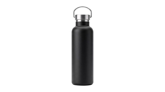Black insulated water bottle with metal png isolated on transparent background