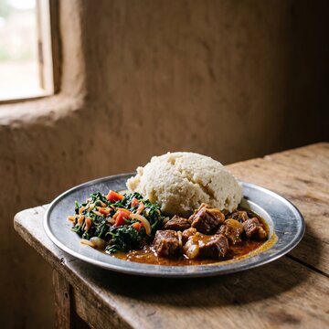 Traditional african dish of ugali and beef stew with sauteed greens, culinary
