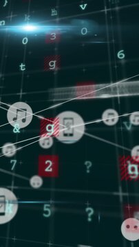 Animation of system hacked, malware, alert text, letters, numbers, connected phone and music icons