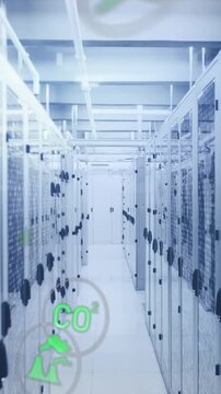 Animation of icon in circles over binary codes on data server racks in server room