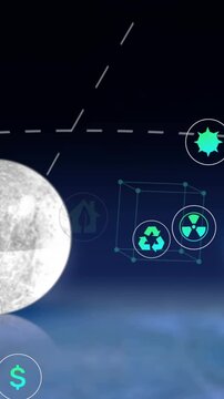 Animation of digital eco icons processing over globe and moon