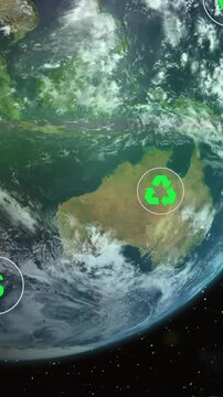 Animation of digital eco icons processing over globe