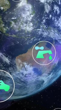 Animation of digital eco icons processing over globe