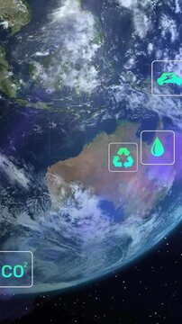 Animation of digital eco icons processing over globe