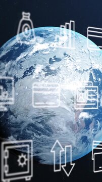 Animation of digital icons processing over globe