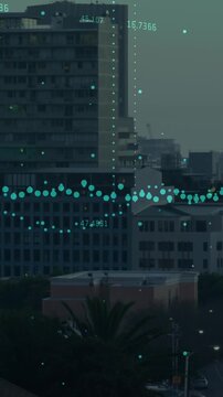 Animation of financial data processing over cityscape